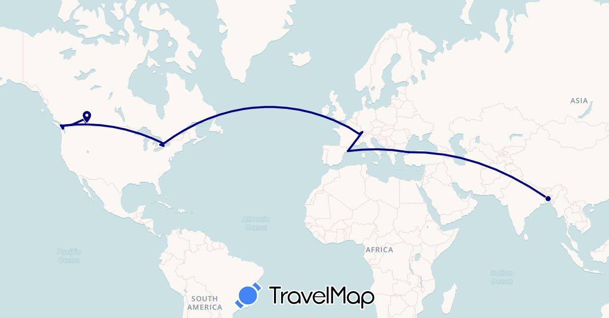 TravelMap itinerary: driving in Bangladesh, Canada, Switzerland, Spain, France, Turkey (Asia, Europe, North America)